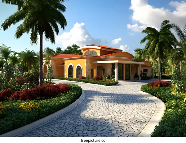 Tropical Resort Villa with Palm Trees and Stone Driveway