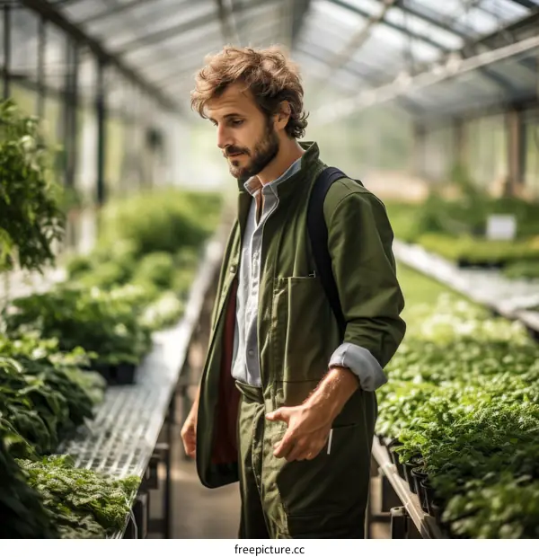 Male botanist examining plants in a greenhouse