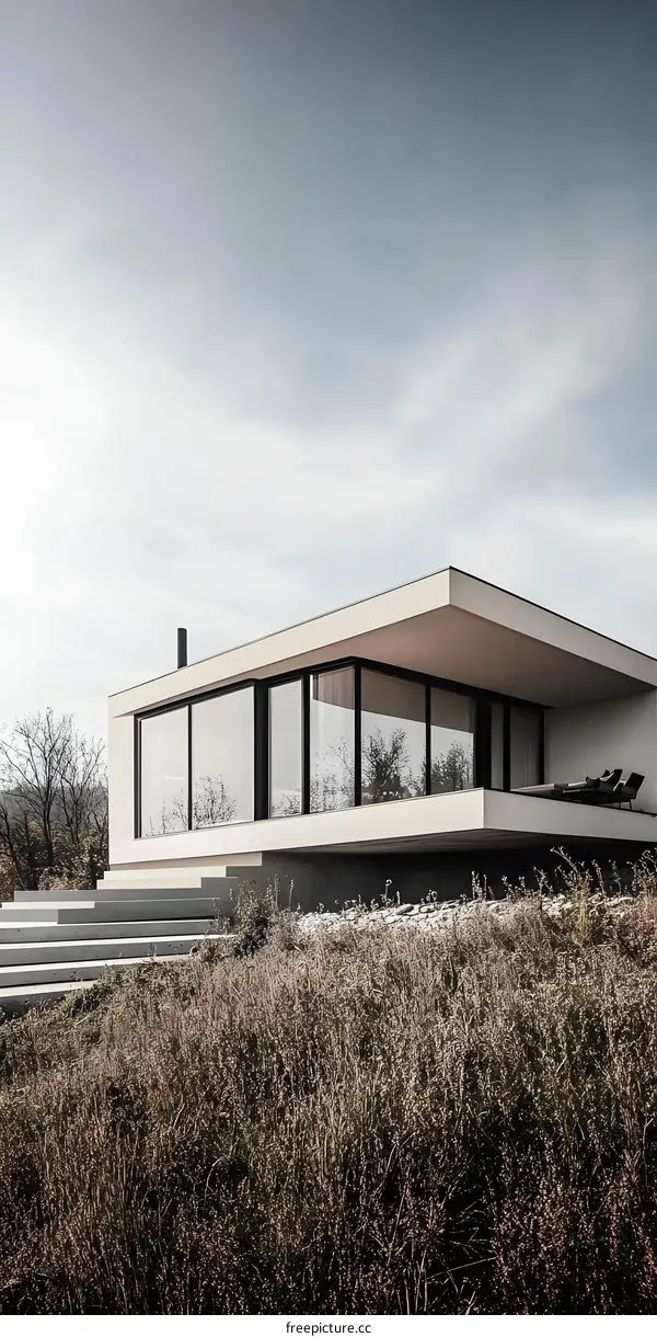 Modern House with Large Windows and Concrete Steps
