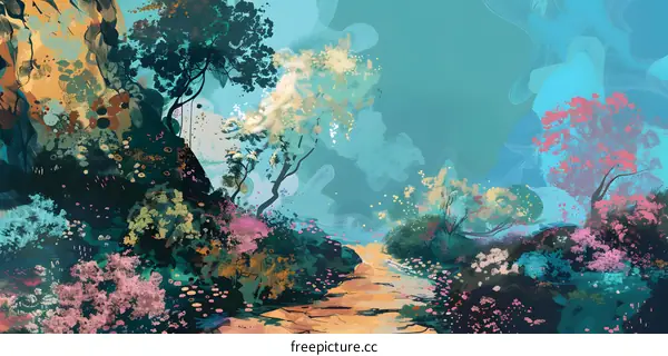 Digital Painting of A Colorful Forest Path With Blossoming Trees