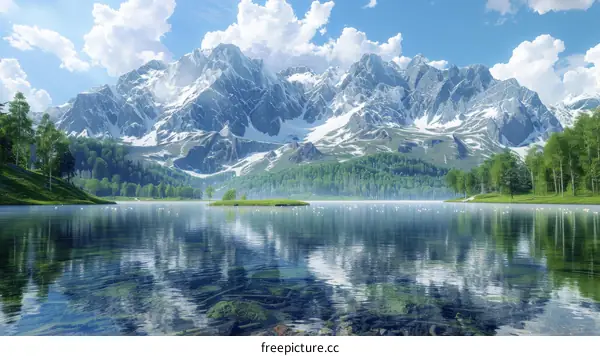 Majestic Mountain Lake Landscape with Green Trees