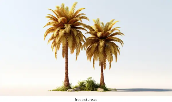 Two golden palm trees stand in the middle of a sandy area against a white background