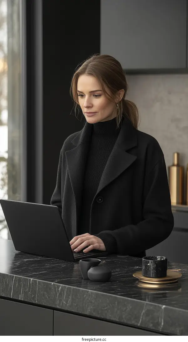 Modern Woman Working on Laptop in a Stylish Kitchen