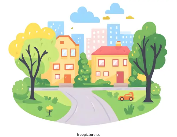Cityscape Illustration with Two Houses and Trees