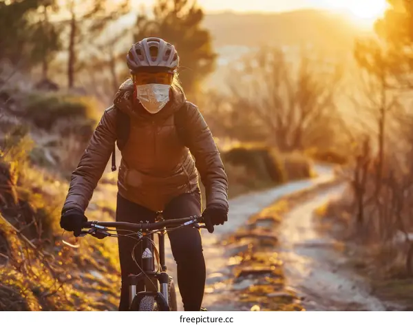 Cyclist wearing a mask rides through the forest at sunset