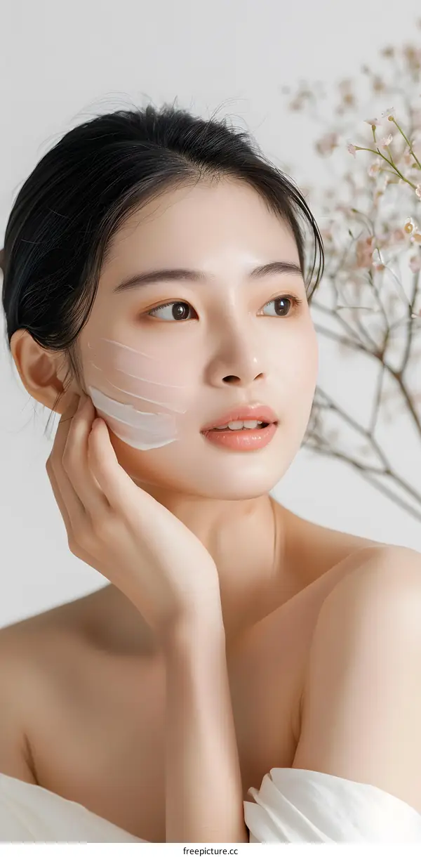 Beautiful Asian Woman with Skin Care Product on Her Face