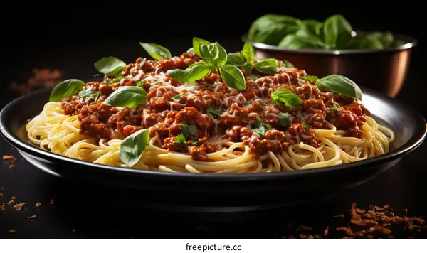 A plate of pasta with tomato sauce and basil