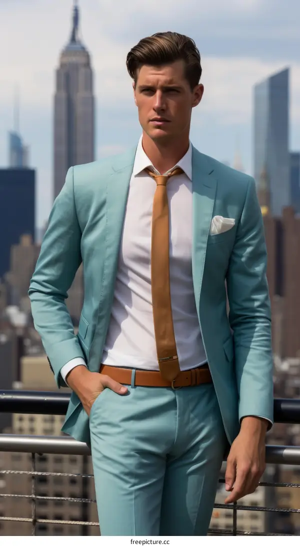 A man in a blue suit and brown tie is standing on a rooftop in New York City.
