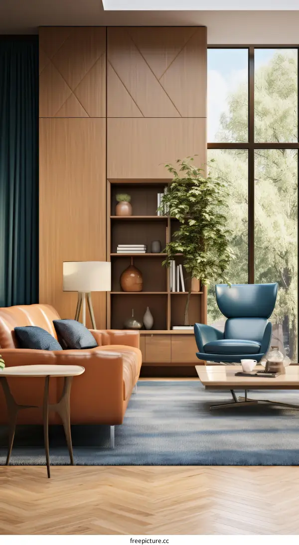 brown leather sofa and blue armchair in a modern living room