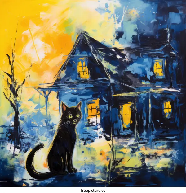 Black cat sits in front of a haunted house
