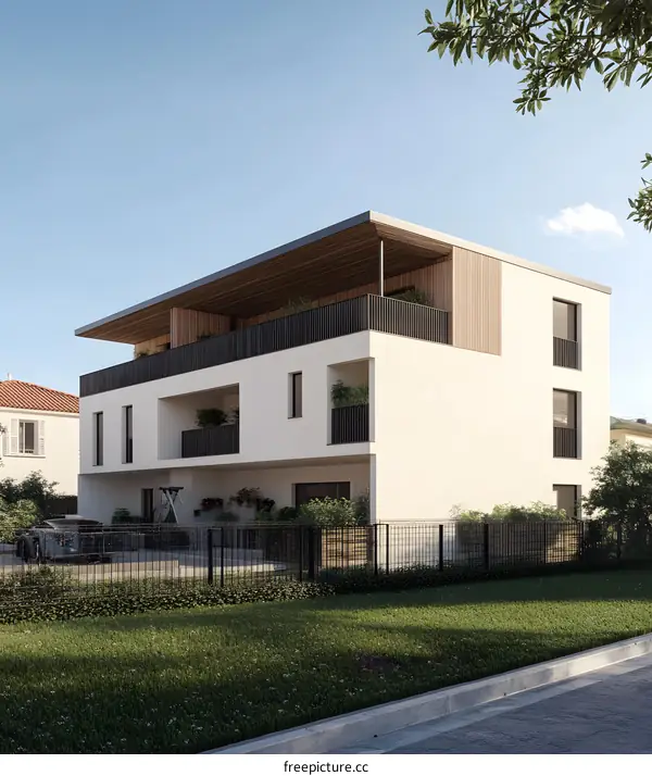 Modern White Building with Wooden Roof and Balcony
