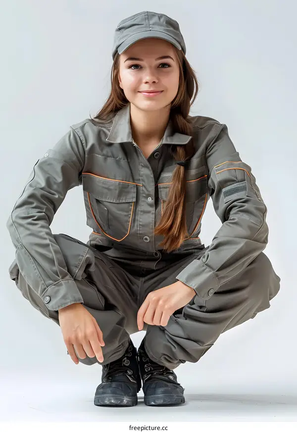 Young Woman in Workwear Crouching