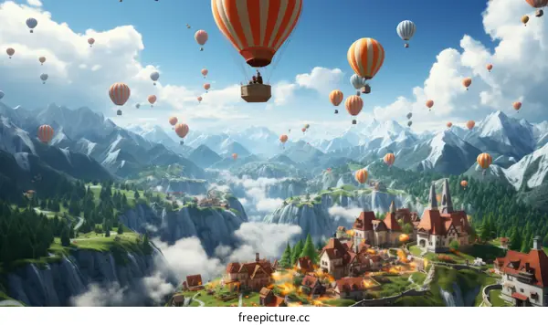 Hot Air Balloons Over a Fantasy Mountain Valley