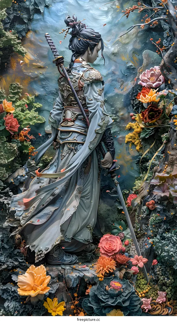 Statue of a Female Warrior in a Floral Garden