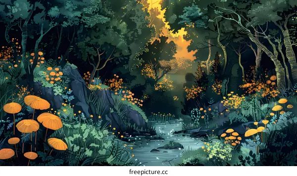 Forest Stream with Yellow Flowers and Mushrooms