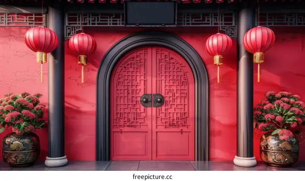 Traditional Chinese Red Gate and Red Lanterns