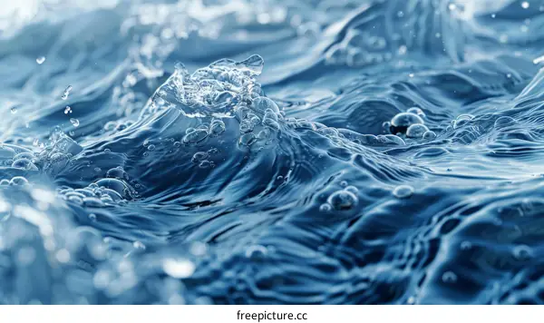 Close-up of the surface of the water with waves and bubbles