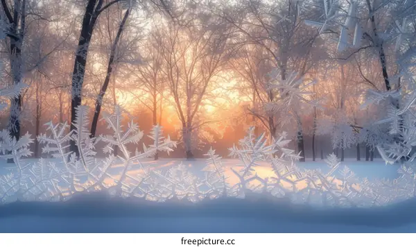 close up of ice crystals on a winter morning with a warm sunrise in the background