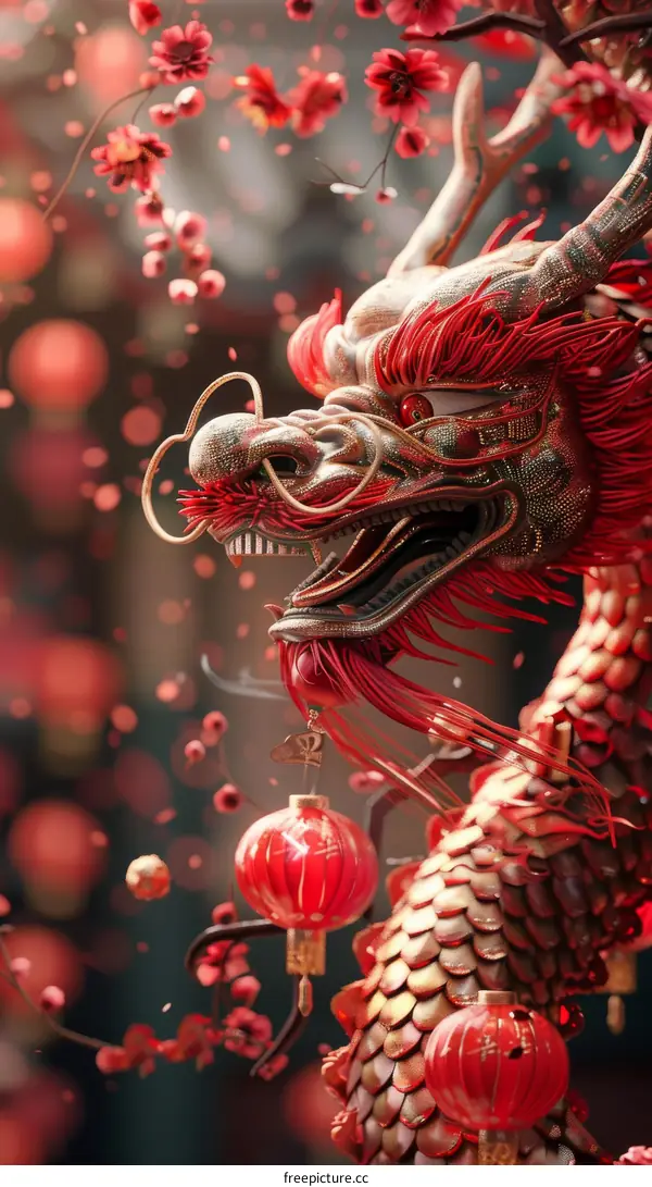 Red Dragon with Golden Scales and Lanterns for Lunar New Year