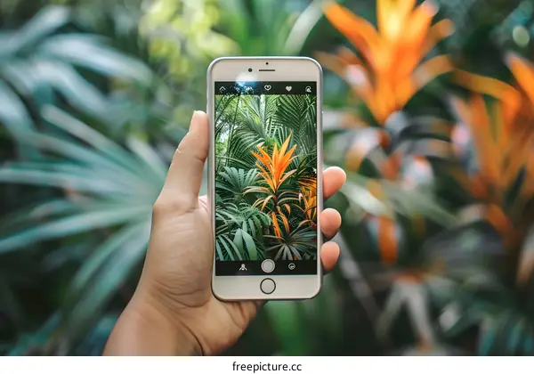 Hand Holding Smartphone Capturing Tropical Plants