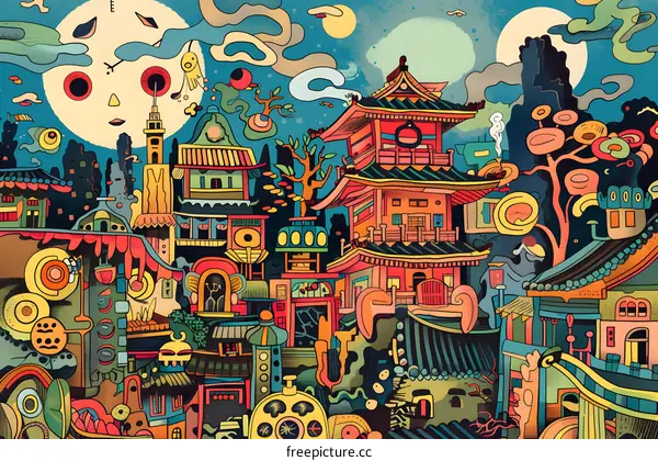 Surreal Night Cityscape with Abstract Buildings and Moon