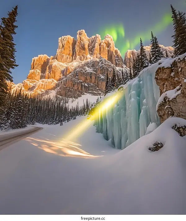 Frozen Waterfall in Winter Mountain Landscape with Aurora Borealis
