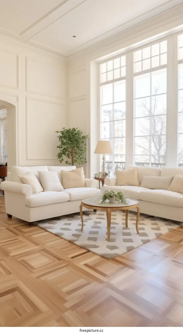 Spacious Living Room with White Sofas and Parquet Flooring