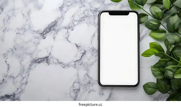 Blank Screen Smartphone On Marble Background With Green Leaves
