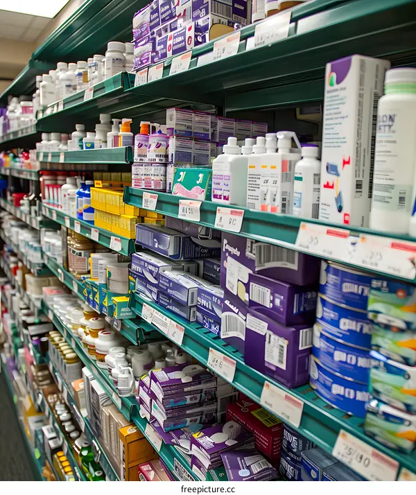 Green Shelves Filled With Various Medications and Supplements