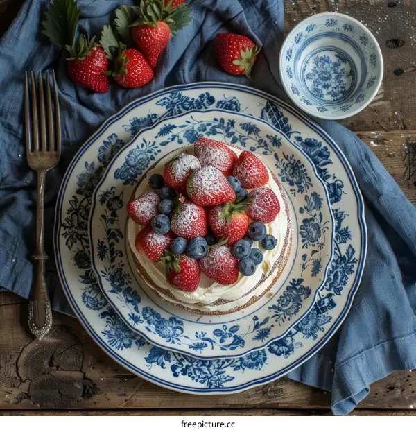 A cake with strawberries and blueberries on a blue and white patterned plate
