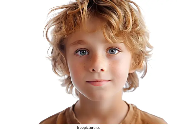 Portrait of a Cute Boy with Freckles and Blonde Curly Hair