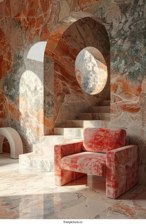 Minimalist Interior with Red Armchair and Marble Walls