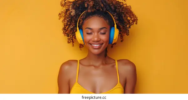 Smiling woman listening to music with headphones