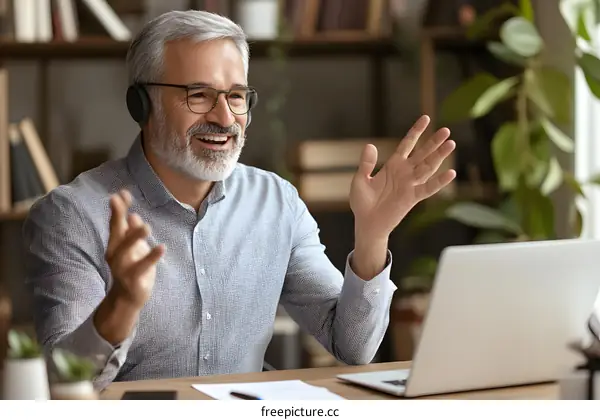 Happy Mature Man Talking On Video Call With Headset In Office