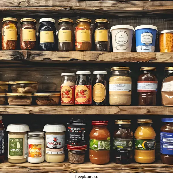 Various Jars and Containers on Wooden Shelves