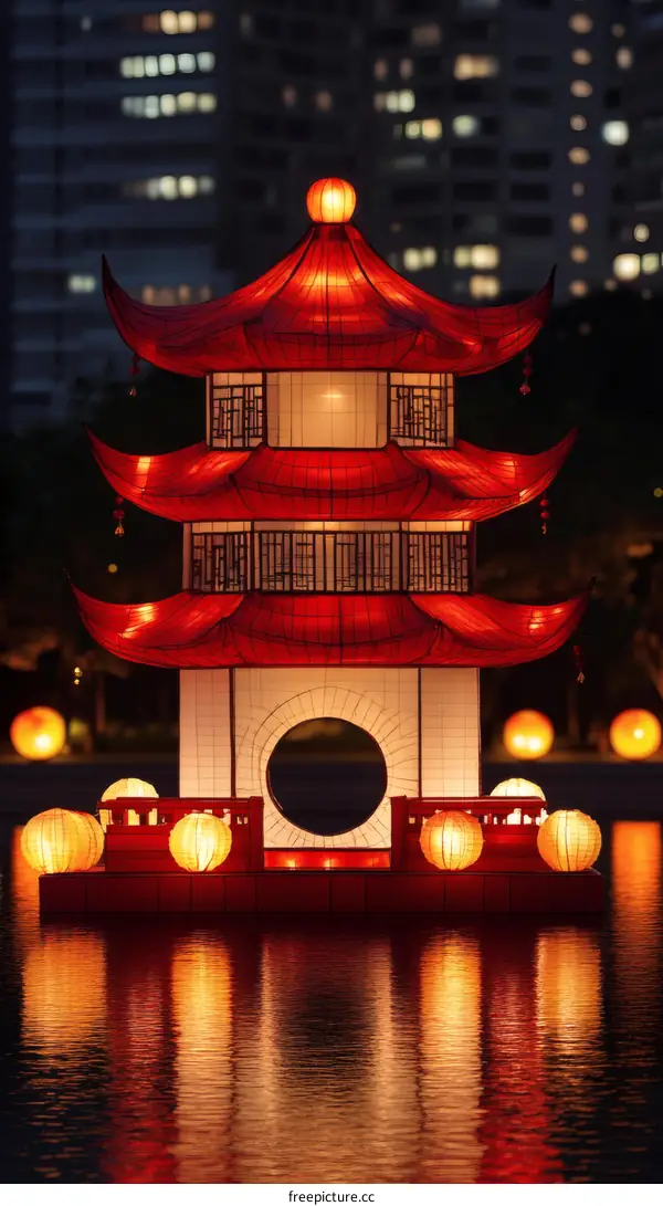 Illuminated Chinese Pagoda on a Pond
