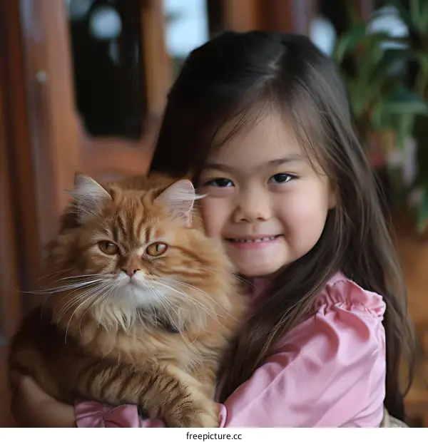 Little girl hugging a Persian cat