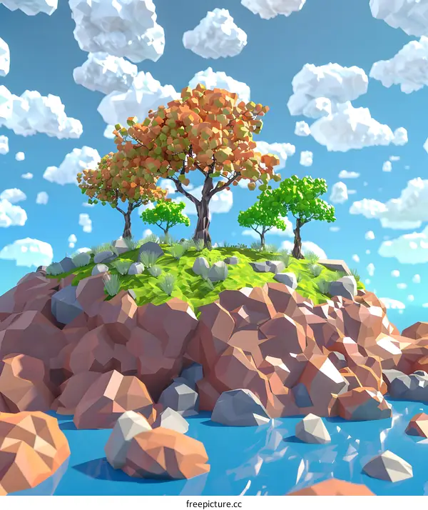 Low Poly Illustration of a Small Island with Trees and Clouds