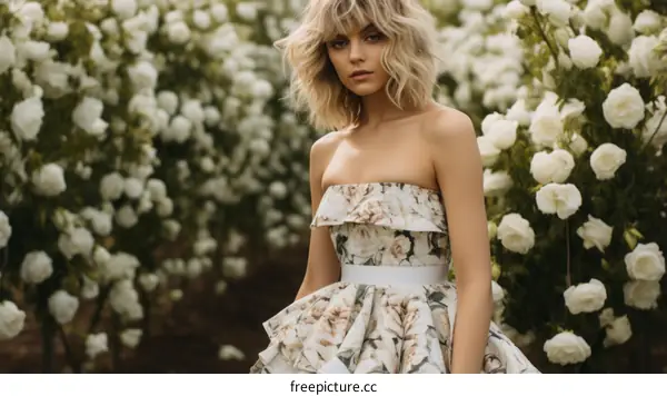 A woman wearing a floral dress is standing in a field of white flowers.