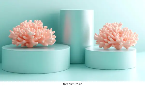 Coral Display on Pastel Teal Cylindrical Pedestals