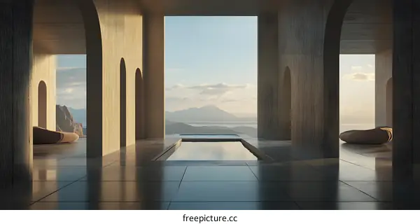 Minimalist Architecture with Archways and Pool Overlooking Mountains and Sea