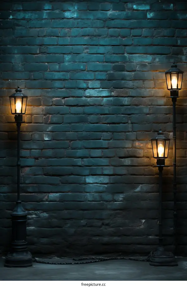 Three Classic Street Lamps Adorn an Aged Brick Wall