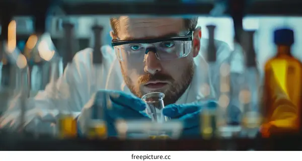 Scientist wearing protective eyewear examining a small flask of yellow liquid