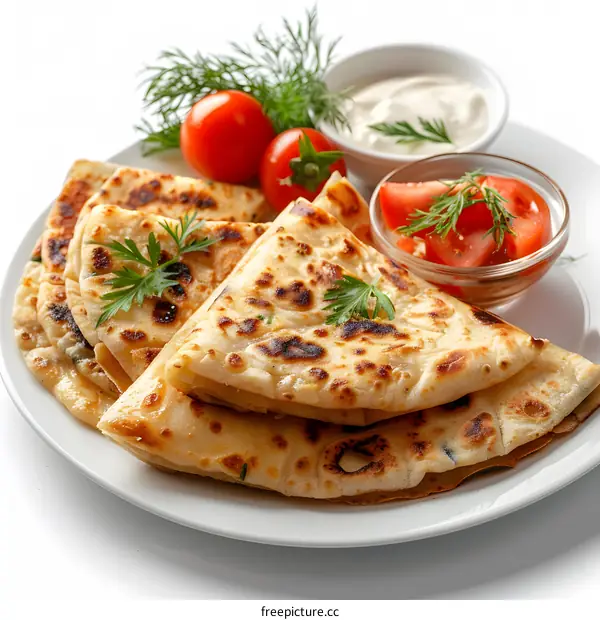 Indian flatbread with tomatoes and greens on a white plate