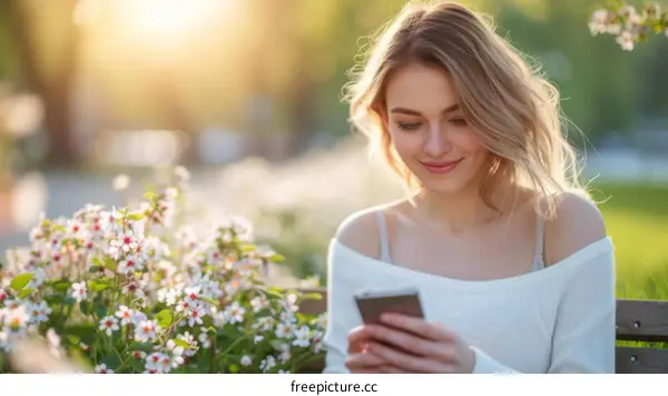 Young blonde woman sitting on a bench in a park and looking at her phone