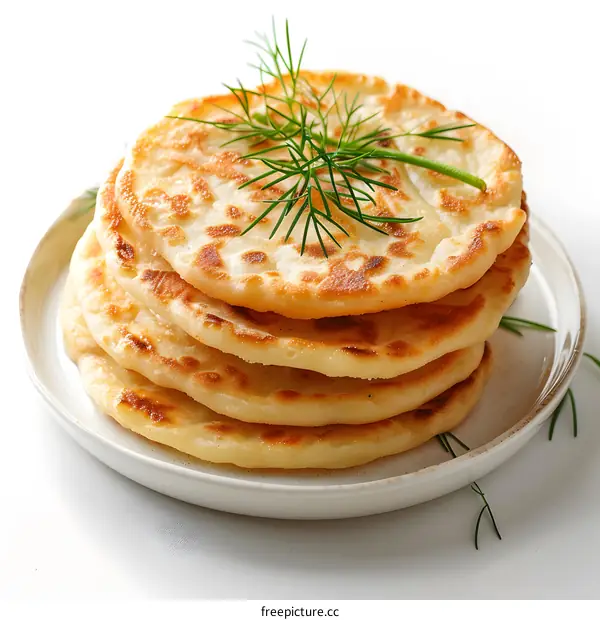 A stack of flatbread on a white plate