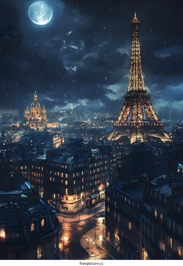 Paris Night View with Eiffel Tower and Full Moon
