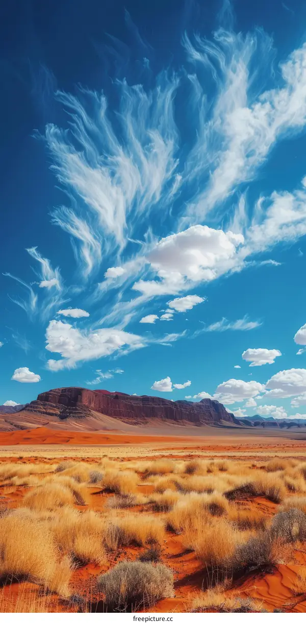 Arid Desert Panorama with Distant Mountain Range and Blue Sky