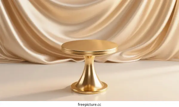 Elegant golden circular pedestal table against silky beige background