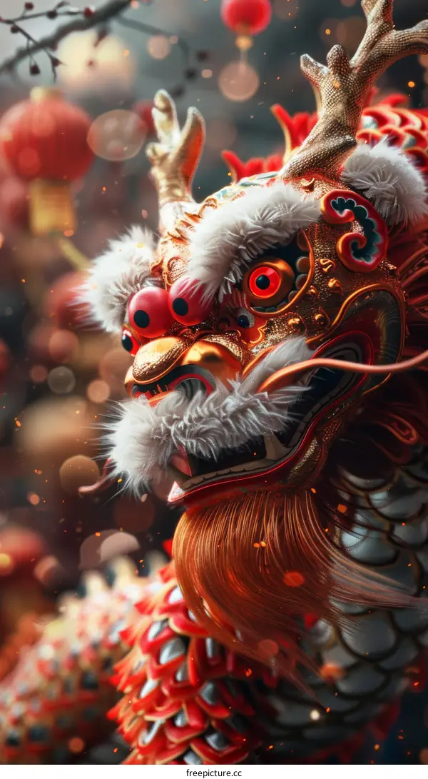 Close-up of a Chinese dragon puppet used in Chinese New Year dragon and lion dance